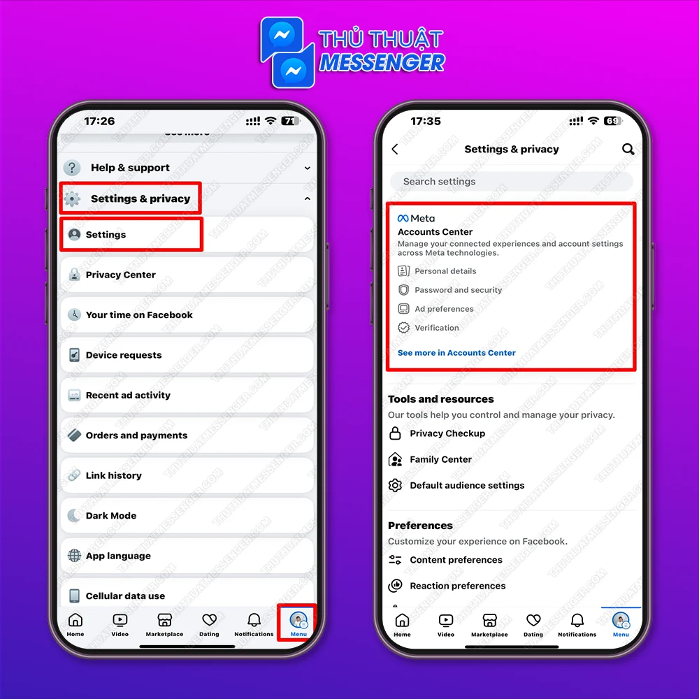 Bước 1: Vào phần Menu của Facebook > Cài đặt và Quyền riêng tư > Cài đặt > Trung tâm tài khoản.