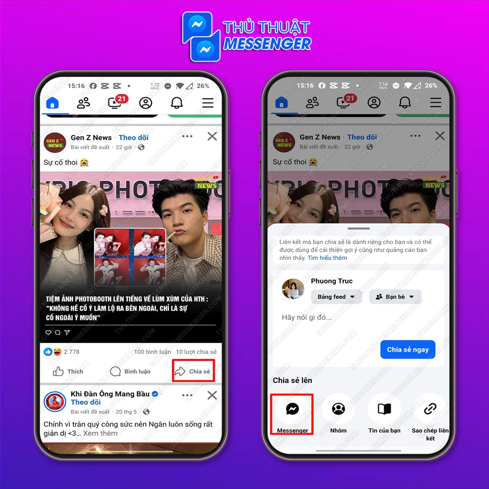 Bước 1: Chọn vào phần Chia sẻ của bài viết > Chọn Messenger.