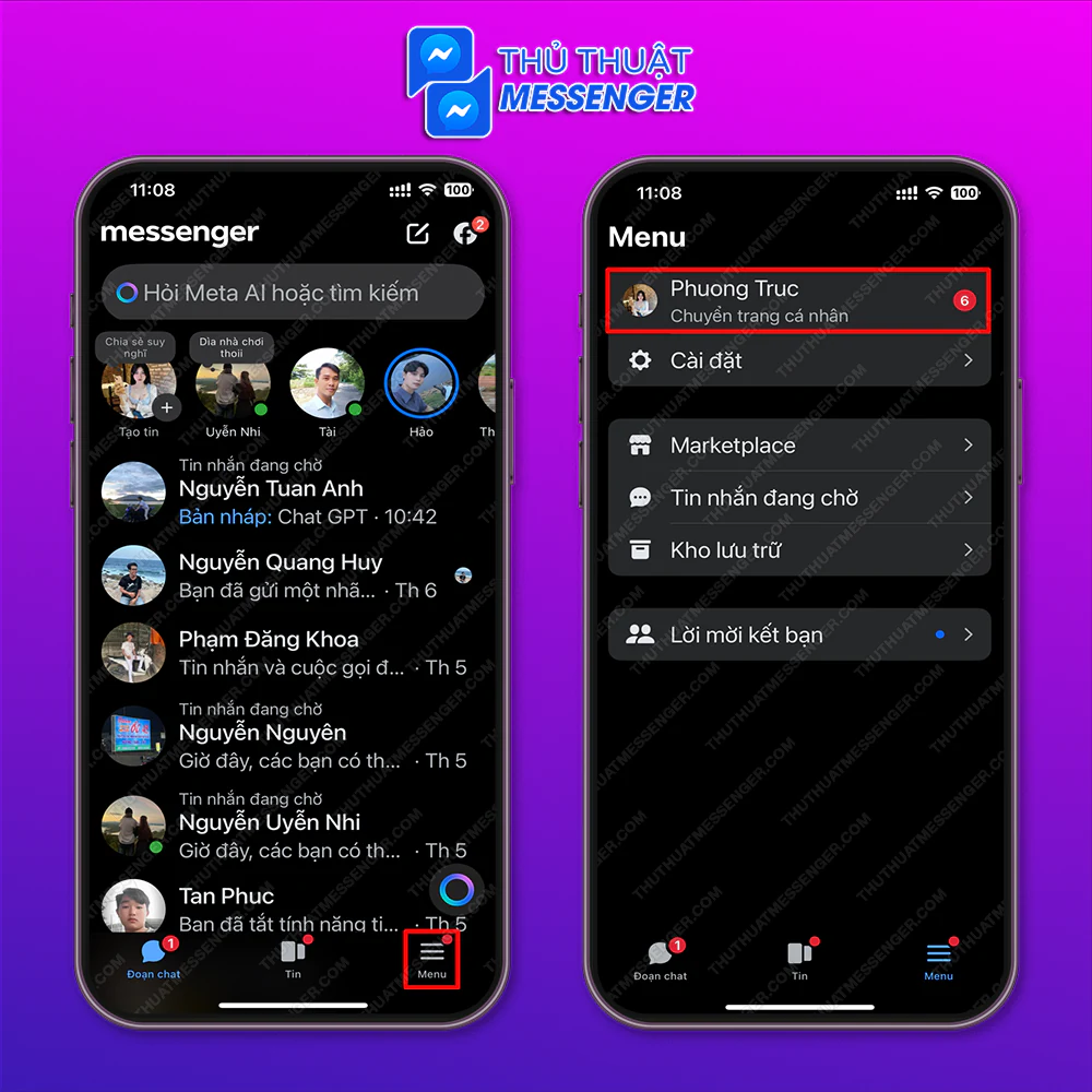 Bước 1: Truy cập vào tài khoản Messenger > Chọn Menu > Chọn tên của bạn.