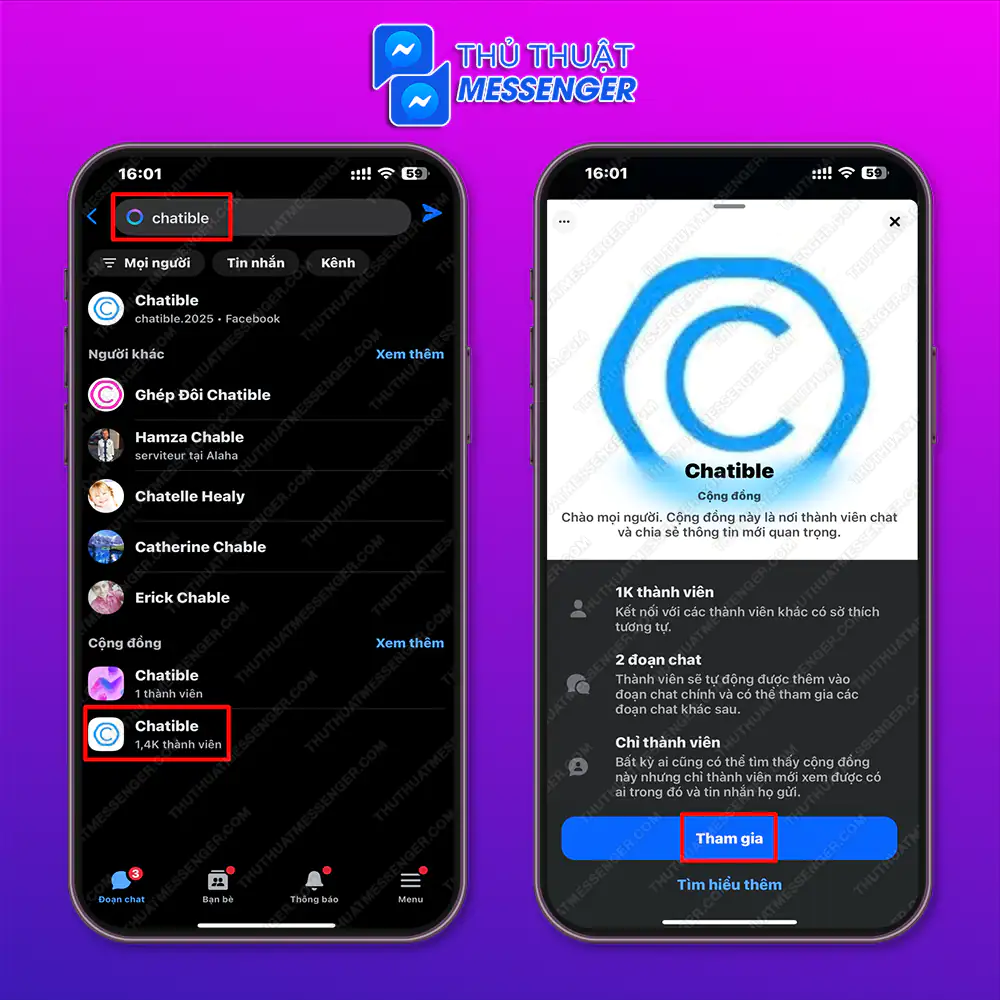 Bước 1: Nhập trên thanh tìm kiếm “Chatible” và chọn trong mục cộng đồng > Tham gia.