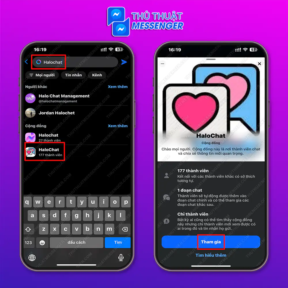 Bước 1: Tìm kiếm Halochat trên thanh tìm kiếm > Chọn vào Halochat trong mục cộng đồng > Tham gia.