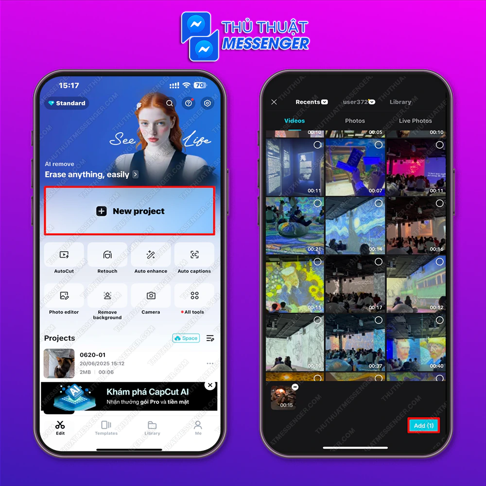 Bước 1: Truy cập vào nền tảng Capcut trên điện thoại > Chọn dự án mới > Chọn video (< 15 giây) mình muốn làm.