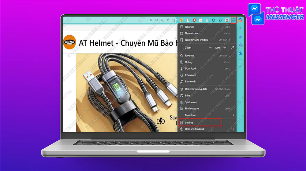 Bước 1: Vào trình duyệt mà bạn thường dùng để đăng nhập vào Messenger > Chọn biểu tượng dấu 3 chấm bên phải > Cài đặt.