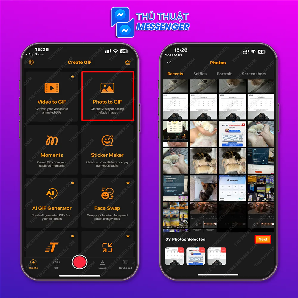 Bước 1: Khởi động ứng dụng GIF Maker > Photo to GIF > Chọn lượng ảnh theo mong muốn > Nhấn Next.