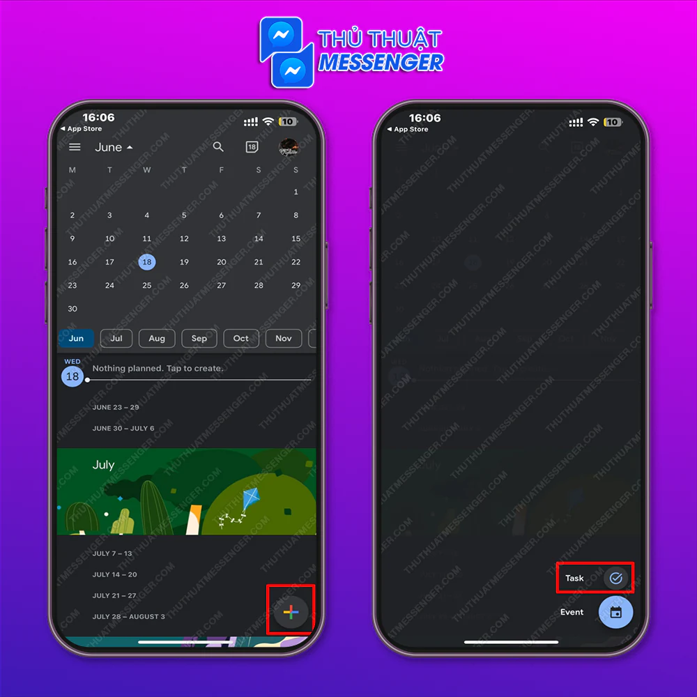 Bước 1: Khởi động ứng dụng > Chọn ngày muốn nhắn tin > Chọn biểu tượng dấu cộng > Chọn vào Task.