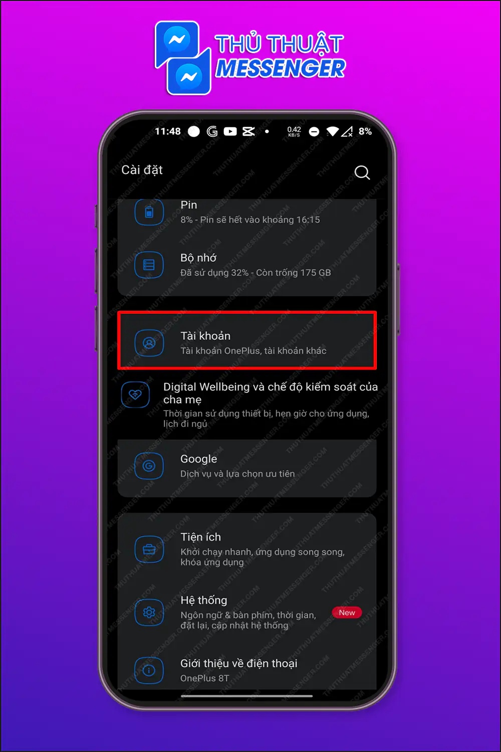 Bước 1: Vào phần cài đặt > Chọn Tài khoản.