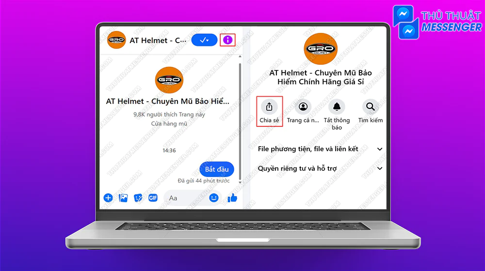 Bước 1: Chọn vào đoạn chat với Page muốn chia sẻ > Chọn biểu tượng i > Chọn vào Chia sẻ.