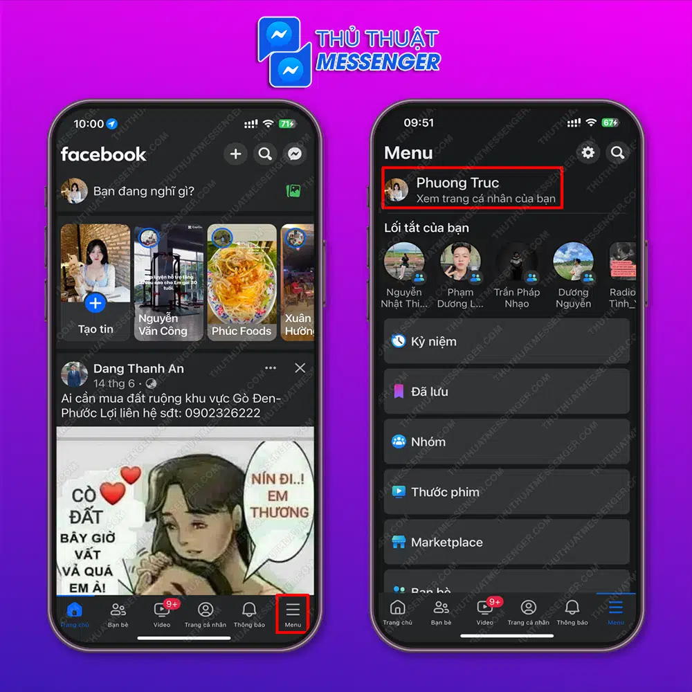 Bước 1: Mở facebook > Chọn “Biểu tượng 3 dấu gạch ngang” > Chọn “Xem trang cá nhân của bạn”.
