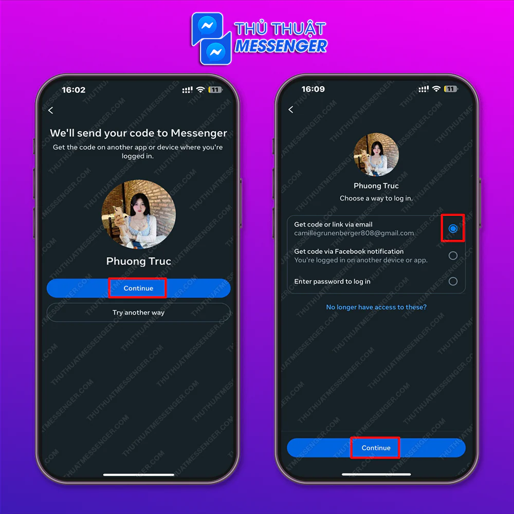 Bước 2: Click Thử cách khác > Nhận mã hoặc đường dẫn qua email hoặc số điện thoại > Tiếp tục.