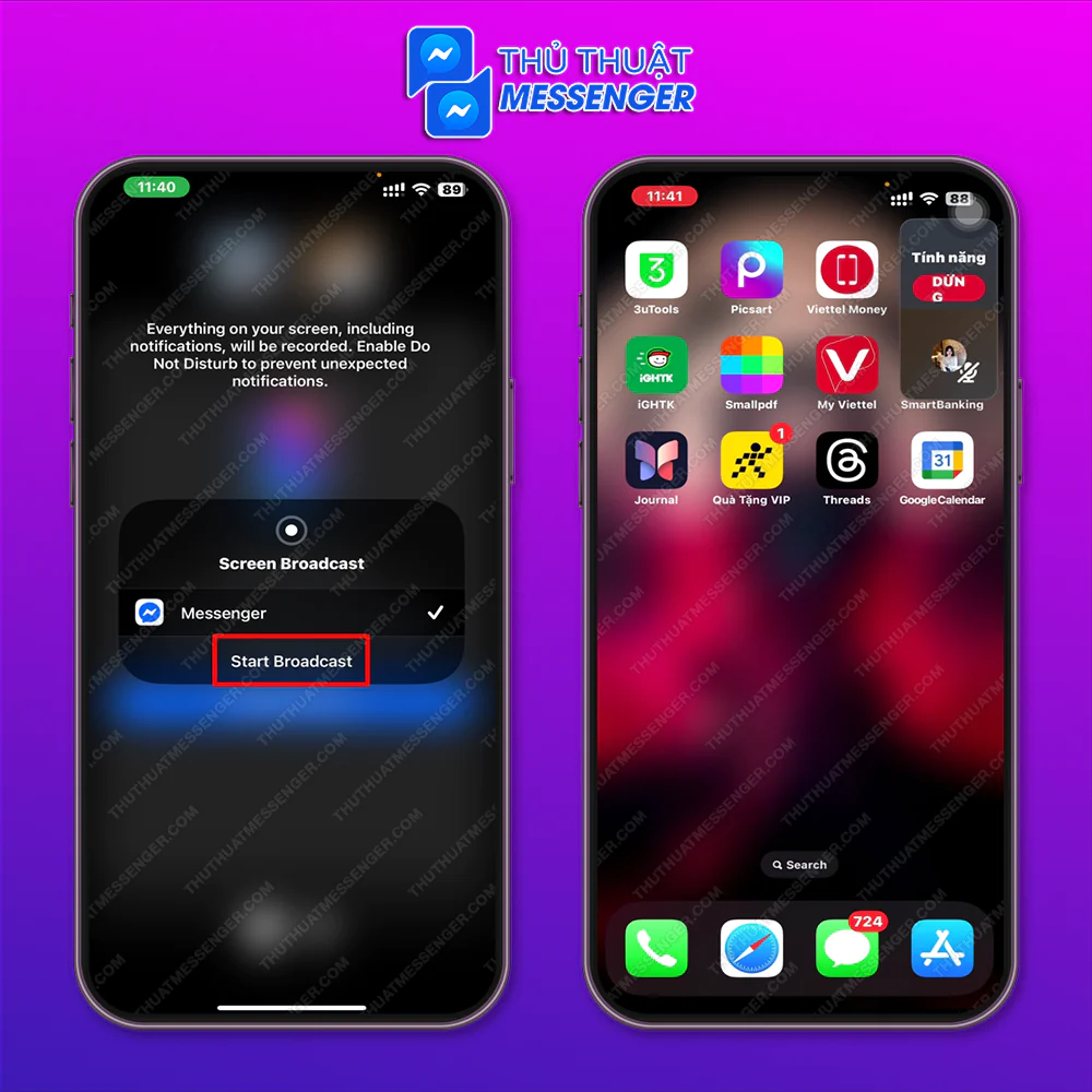 Bước 2: Chọn tiếp Start Broadcast > Chờ 3 giây để bắt đầu quy trình chia sẻ.