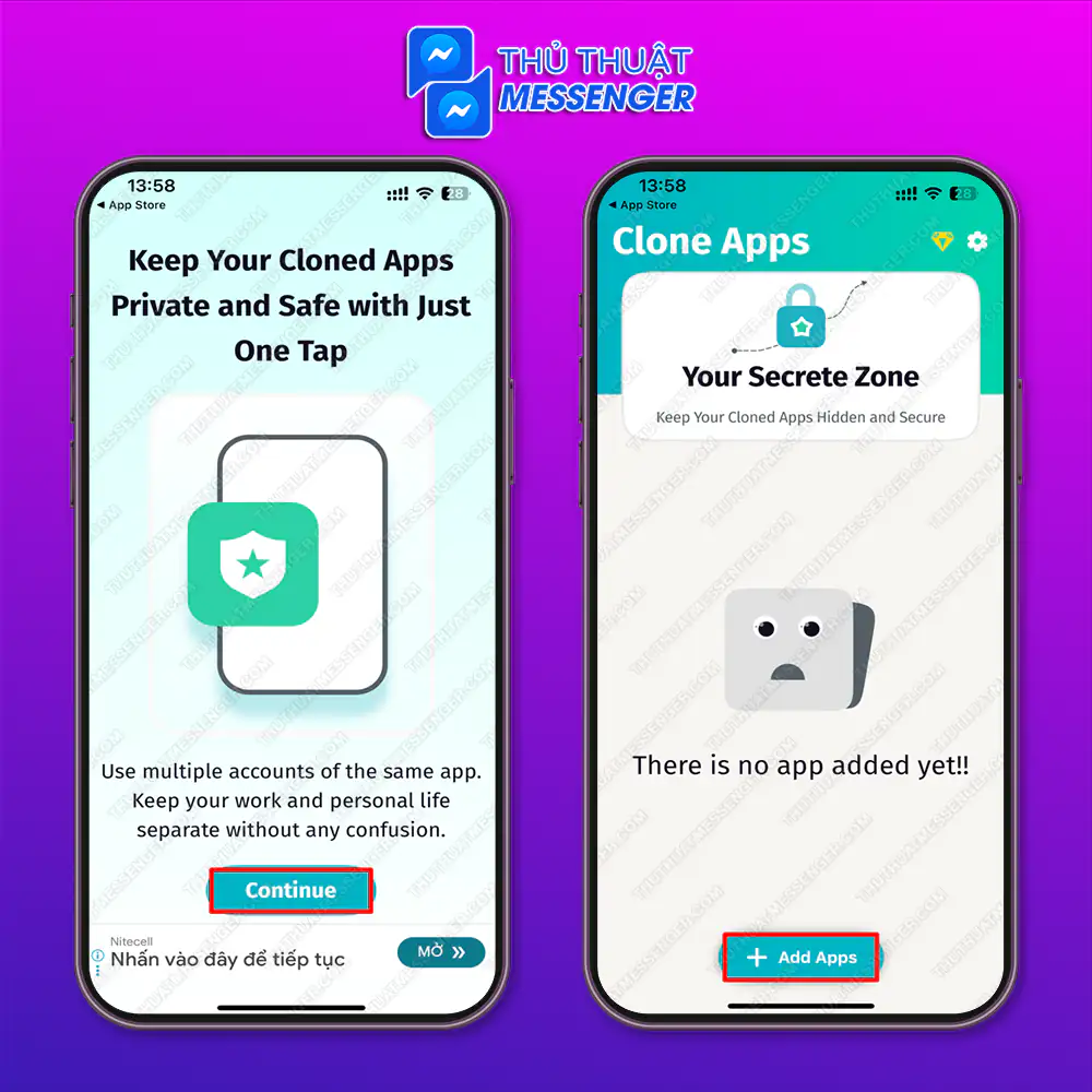 Bước 2: Chọn “Continue” > Chọn “Add Apps”.