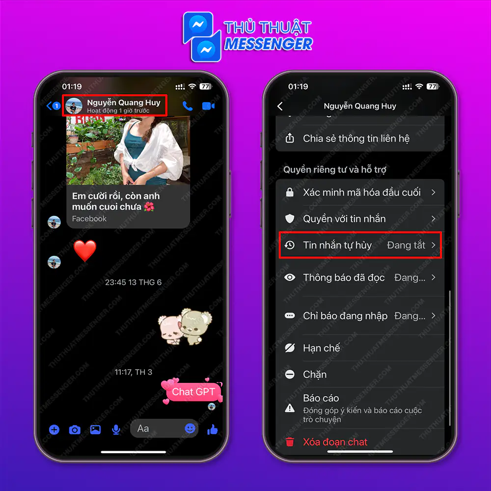 Bước 2: Chọn “Tài khoản bạn muốn mở chế độ tự xóa tin nhắn trên messenger” > Chọn “Tin nhắn tự hủy”.