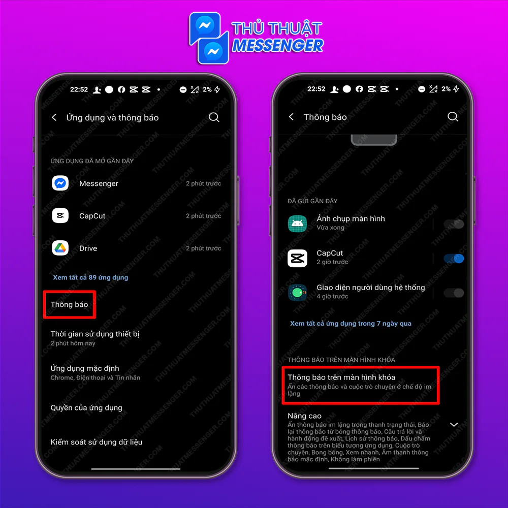 Bước 2: Chọn “Thông Báo” > Chọn “Thông Báo Trên Màn Hình Khóa”.
