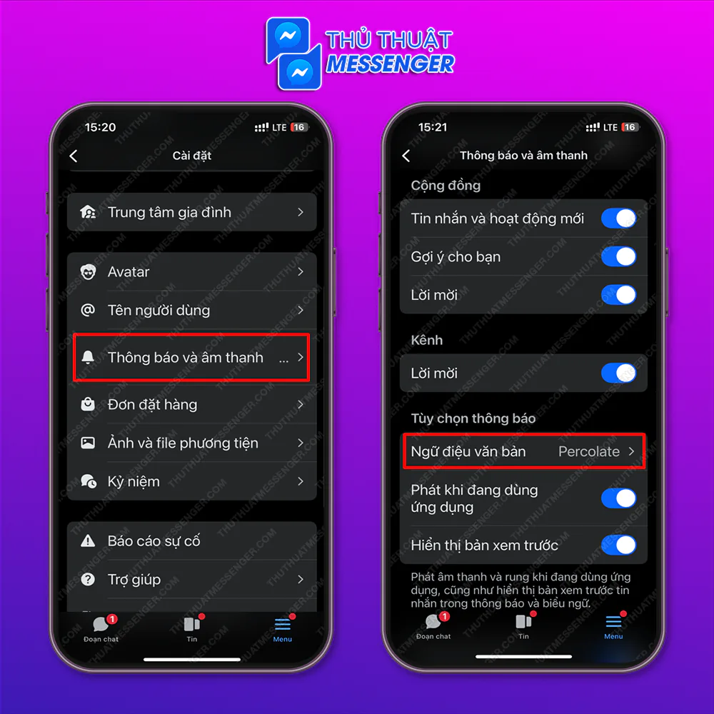 Bước 2: Chọn “Thông báo và âm thanh” > Chọn “Ngữ điệu văn bản”.