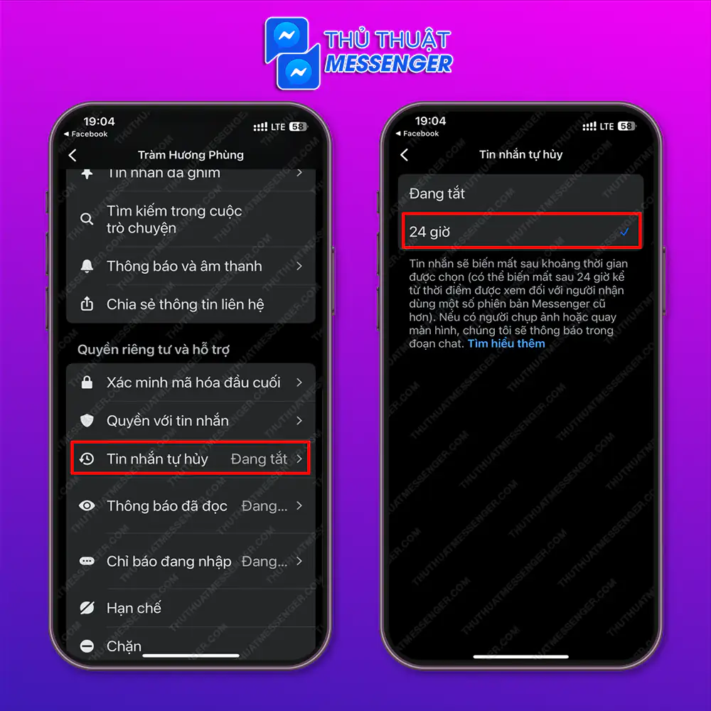 Bước 2: Chọn “Tin nhắn tự hủy” > Chọn “24H”.