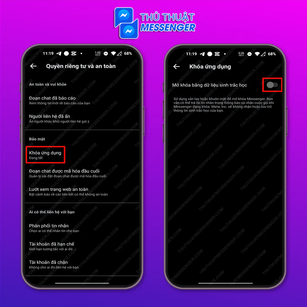 Bước 2: Chọn Khóa ứng dụng > Bật Mở khóa bằng dữ liệu sinh trắc học.