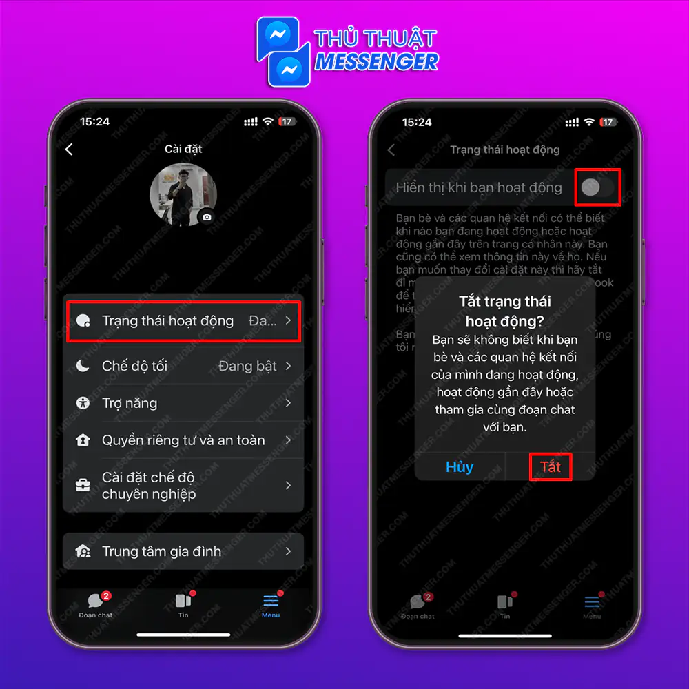 Bước 2: Chọn “Trạng thái hoạt động” > Gạt tắt tại mục “Hiển thị khi bạn hoạt động” > Chọn “Tắt”.