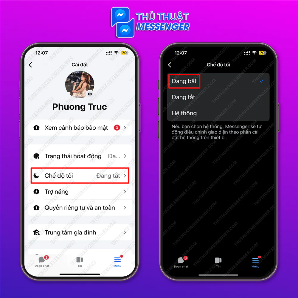 Bước 2: Chọn “Chế độ tối” > Chọn “Đang bật”.