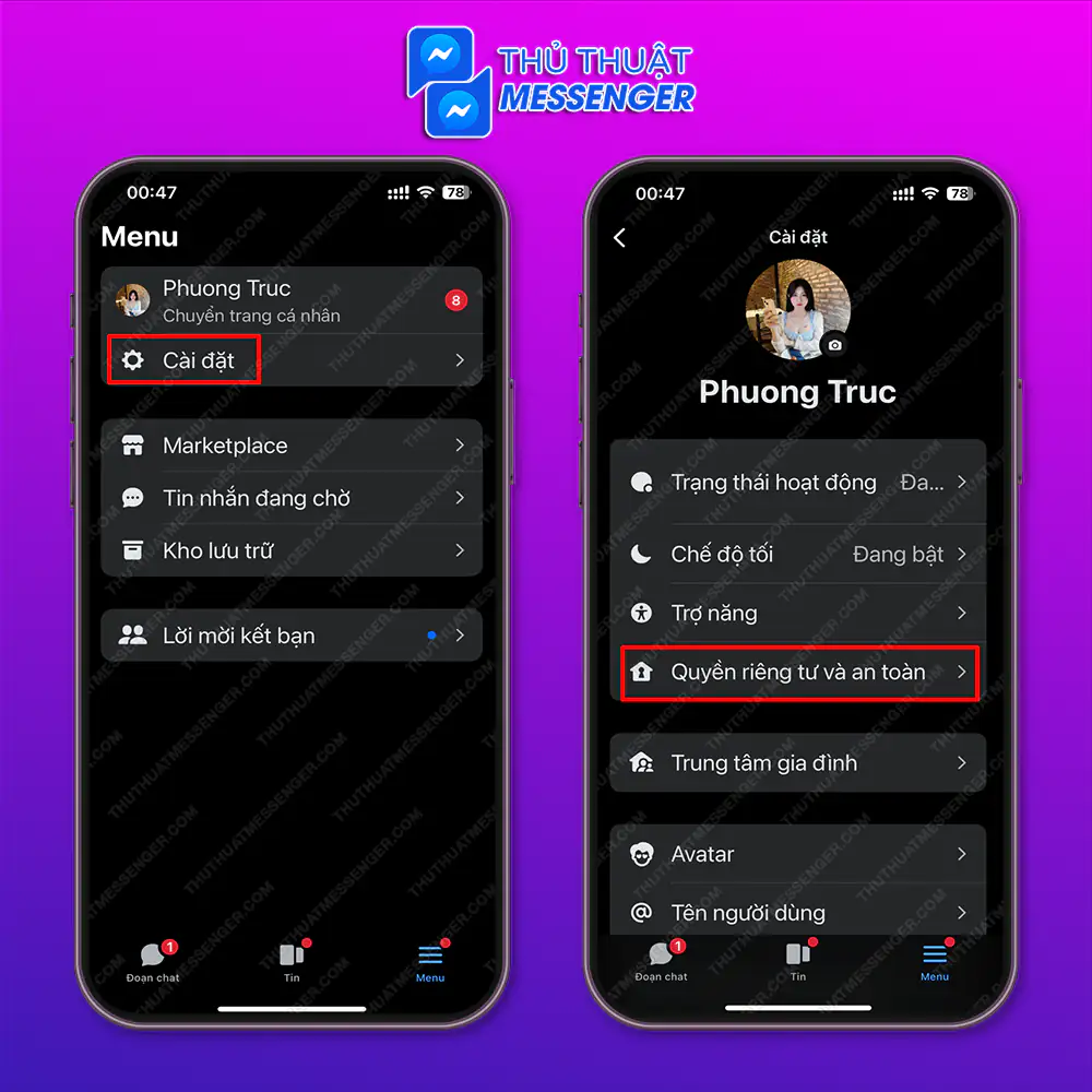 Bước 2: Chọn “Cài đặt” > Chọn “Quyền riêng tư và an toàn”.