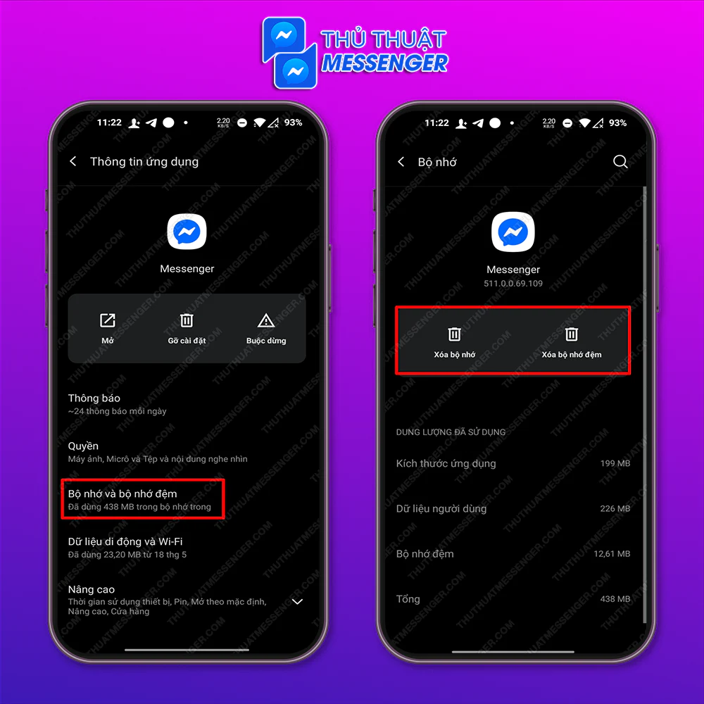 Bước 2: Click vào Bộ nhớ và bộ nhớ đệm > Xóa bộ nhớ & Xóa bộ nhớ đệm.
