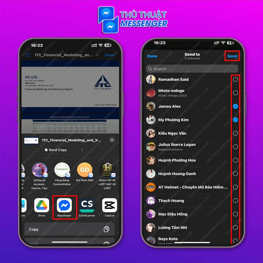 Bước 2: Chọn biểu tượng Messenger > Chọn người nhận > Gửi.