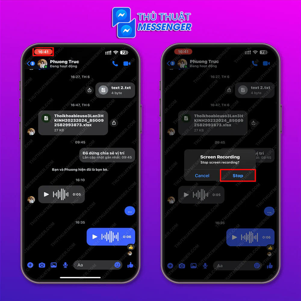 Bước 2: Nháy chọn vào biểu tượng đỏ bên trái > Chọn Dừng.