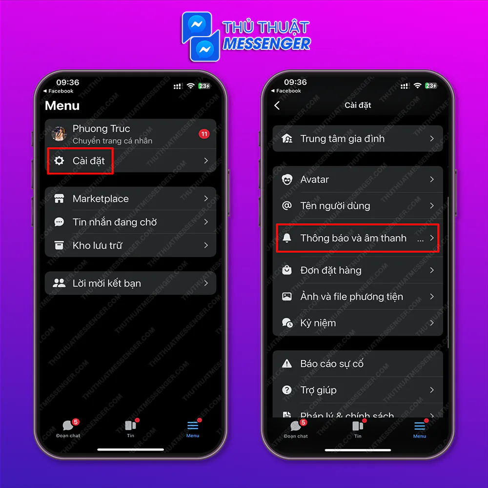 Bước 2: Chọn “Cài Đặt” > Chọn “Thông Báo và Âm Thanh”.