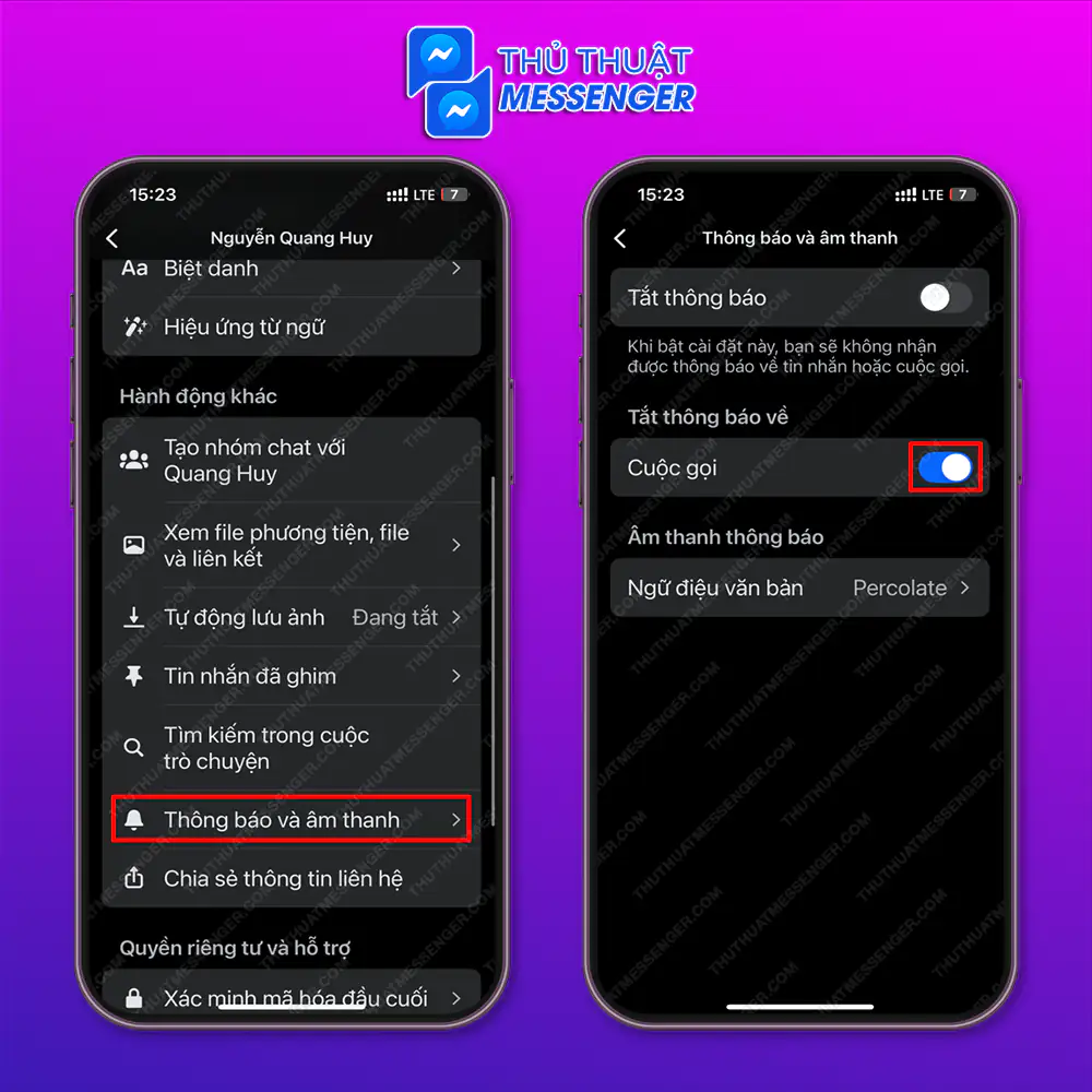 Bước 2: Chọn “Thông báo và âm thanh” > Gạt mở tại mục “Tắ thông báo về Cuộc Gọi”.