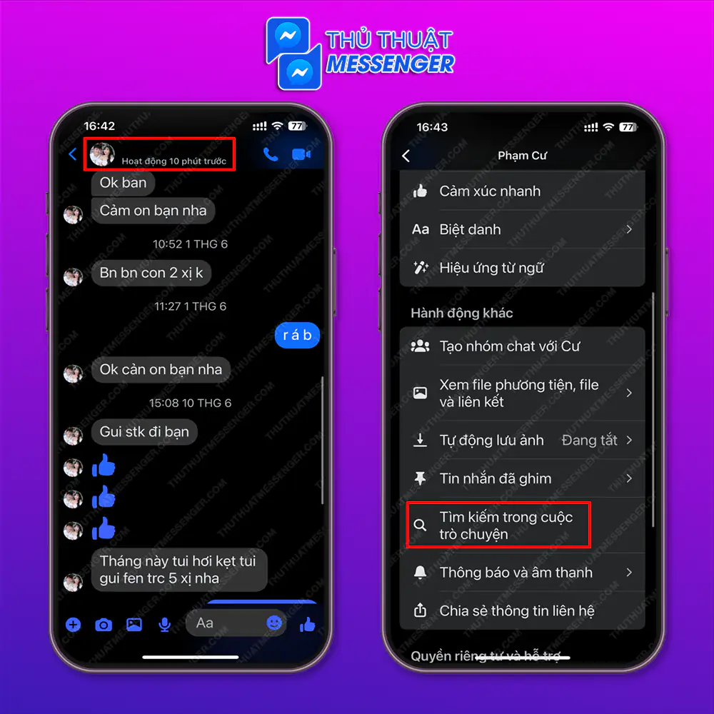 Bước 2: Chọn “avatar phía trên góc trái màn hình” > Chọn “Tìm kiếm trong cuộc trong chuyện”.