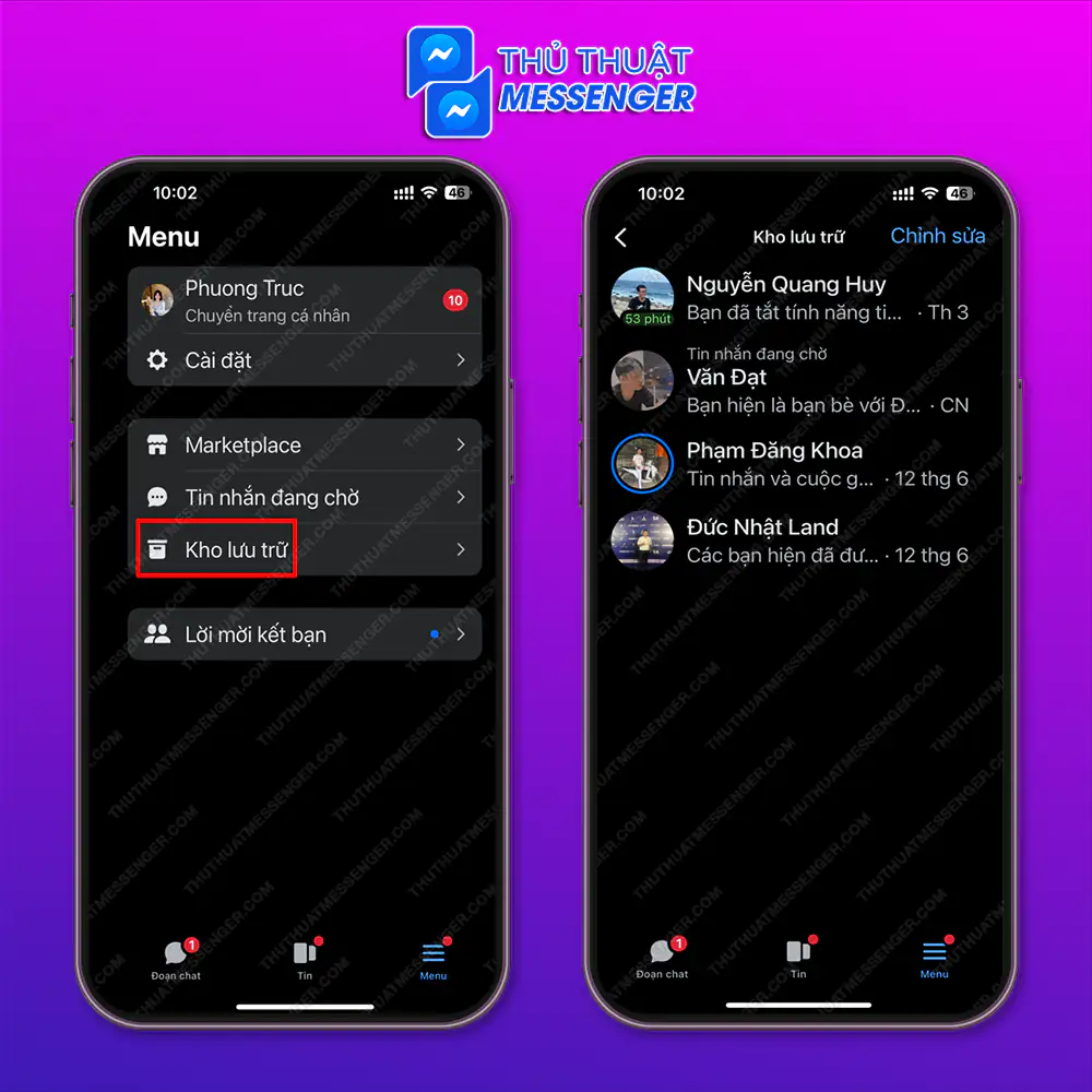 Bước 2: Chọn “Kho lưu trữ” ở đây mọi tin nhắn mà bạn ẩn đều sẽ xuất hiện ở trong đây nhé.