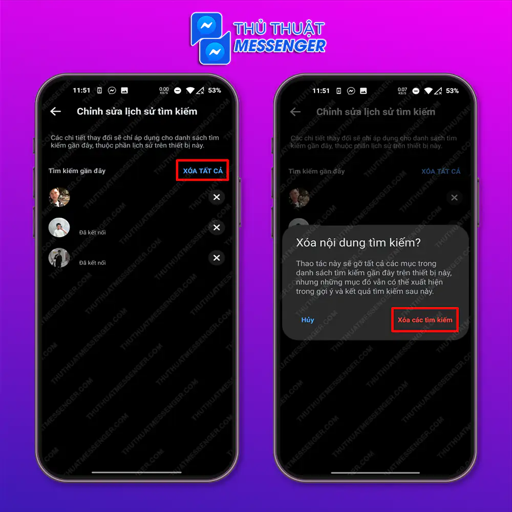 Bước 2: Chọn “Xóa tất cả” > Chọn “Xóa các tìm kiếm”.
