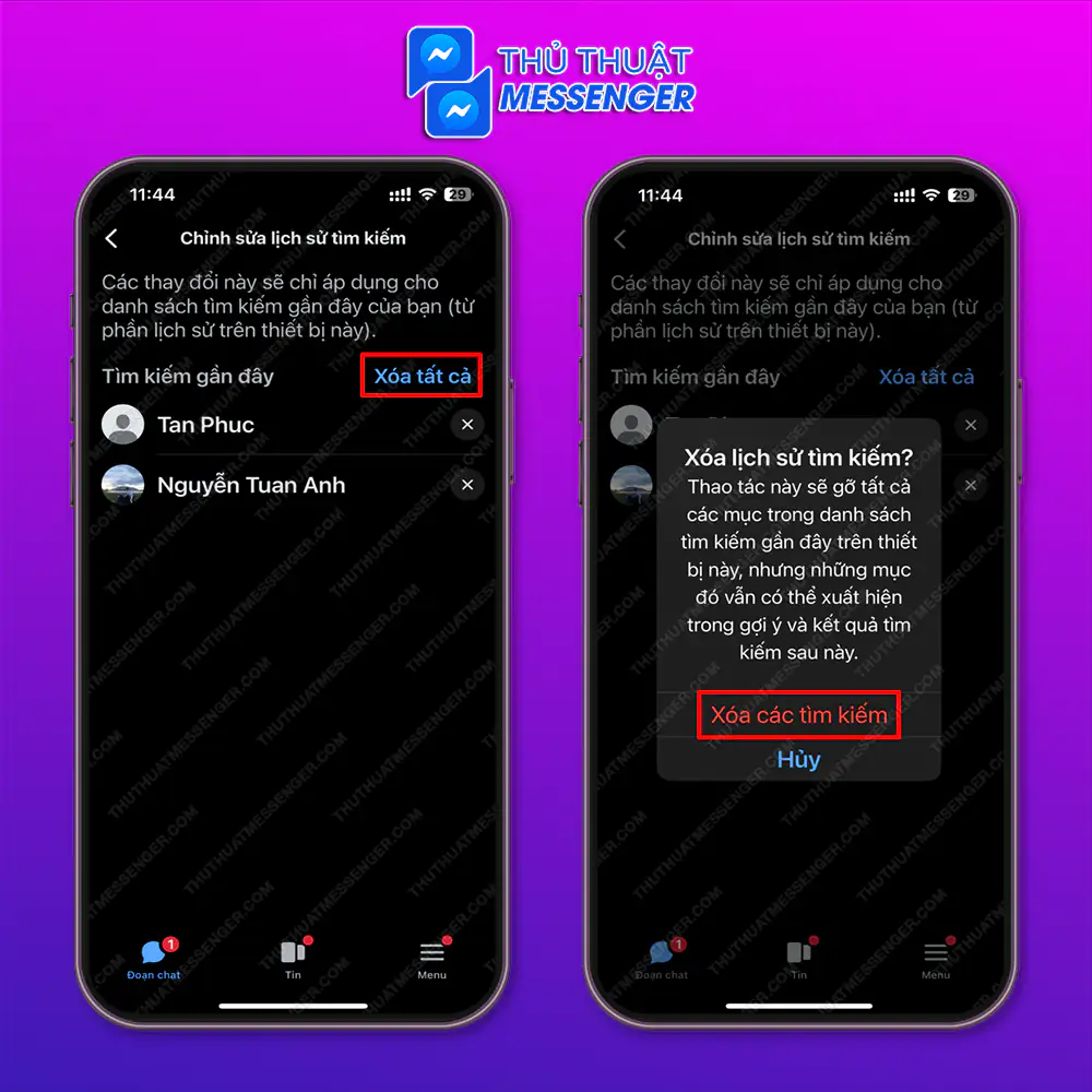 Bước 2: Chọn “Xóa tất cả” > Chọn “Xóa tất cả tìm kiếm”.