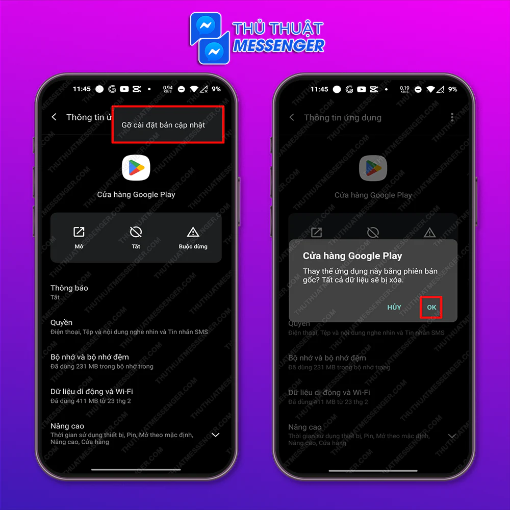 Bước 2: Gỡ cài đặt cập nhật > OK.