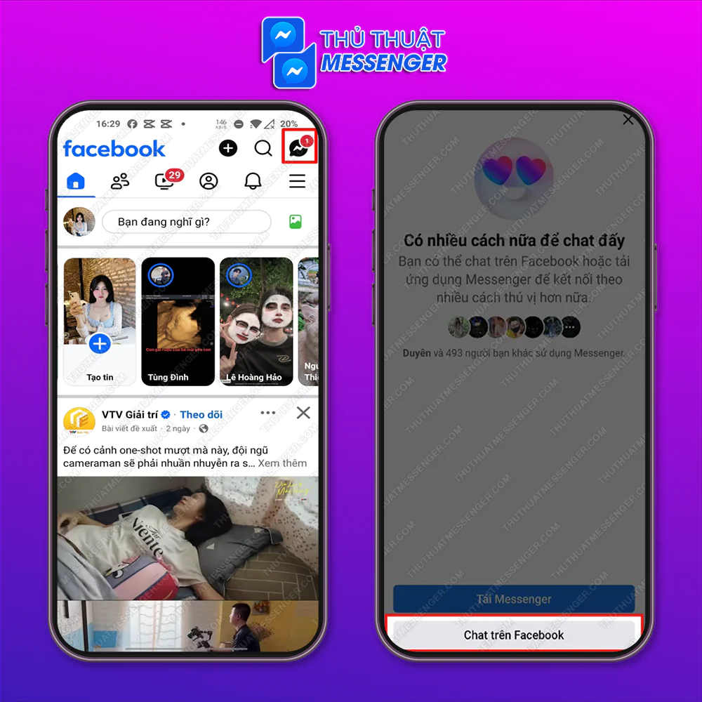 Bước 2: Mở app Facebook và chọn vào biểu tượng Messenger > Chọn Chat trên Facebook.