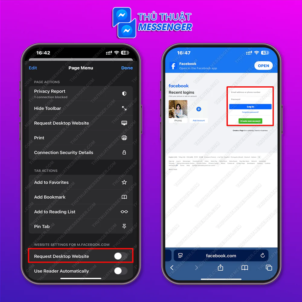 Bước 2: Yêu cầu trang web cho máy tính > Tiến hành đăng nhập tài khoản.