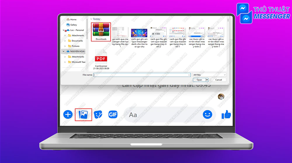 Bước 2: Truy cập vào đoạn chat của người muốn gửi > Chọn biểu tượng hình ảnh > Chọn file ZIP vừa nén > Gửi.