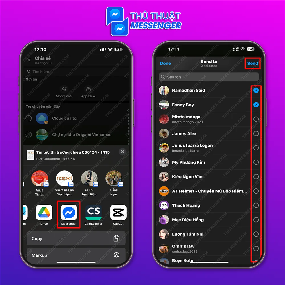 Bước 2: Chọn vào Messenger > Chọn người muốn gửi > Gửi.