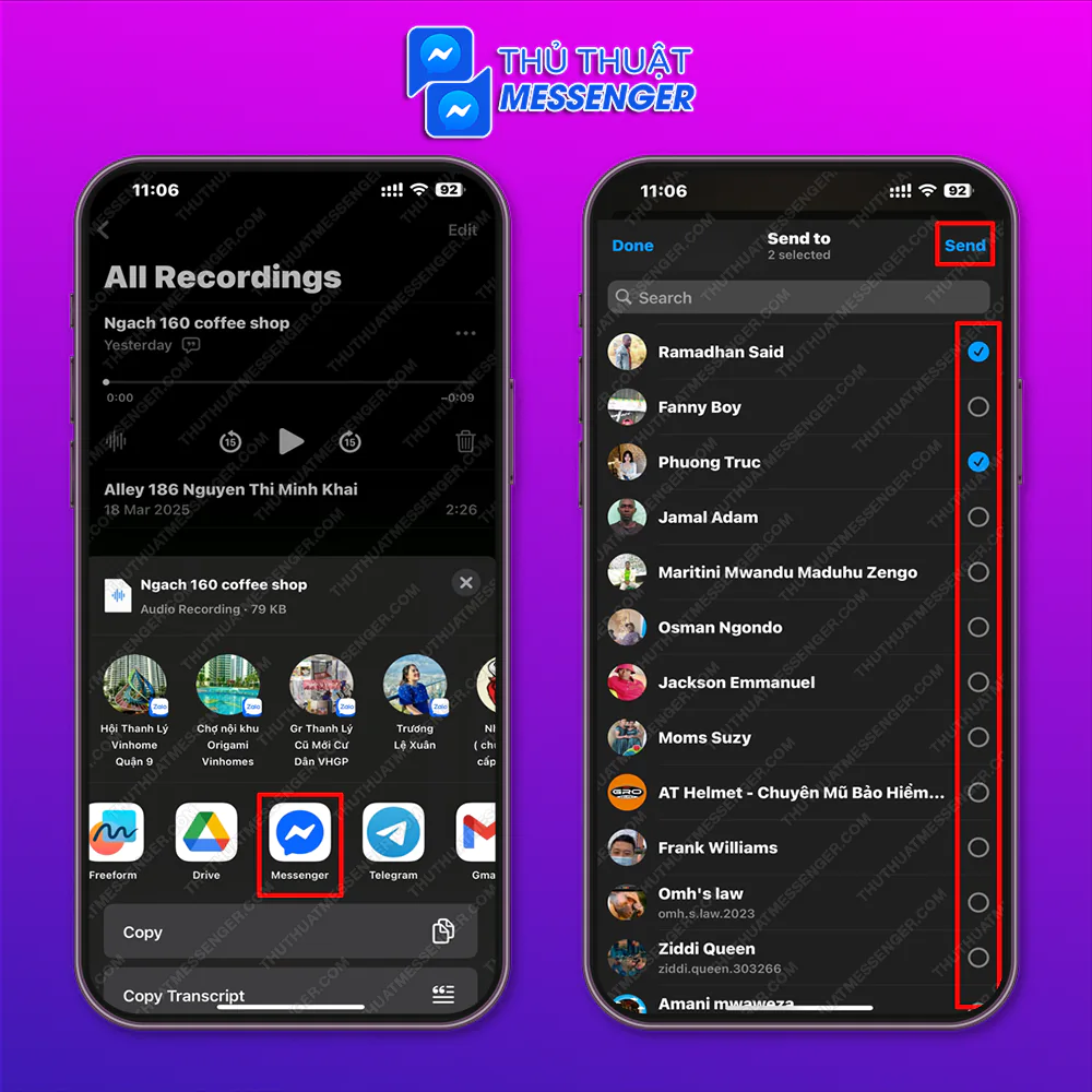 Bước 2: Chọn vào biểu tượng Messenger > Chọn những người muốn gửi > Gửi.