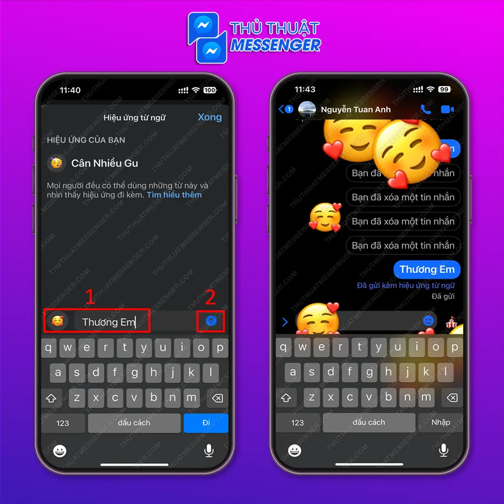 Bước 2: Nhập đoạn chat, hiệu ứng icon > Chọn “Biểu tượng mũi tên hướng lên”.