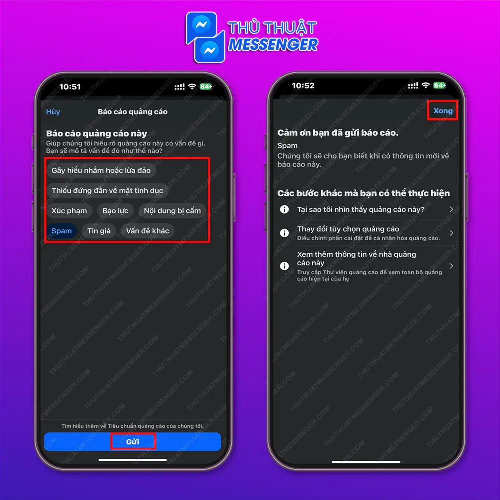 Bước 2: Chọn lý do muốn chặn (spam) > Gửi > Xong.