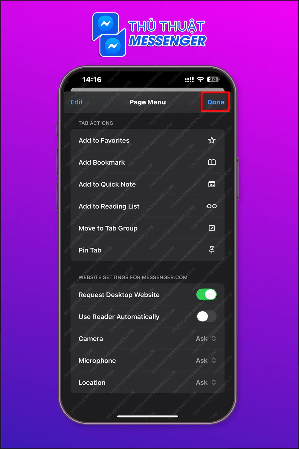 Bước 2: Chọn Yêu cầu giao diện website > Xong > Tiến hành đăng nhập Messenger của bản thân.