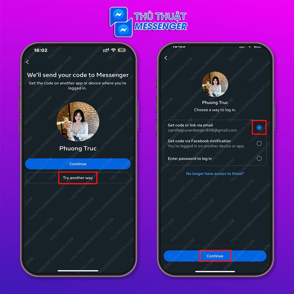 Bước 2: Thử cách khác > Nhận mã hoặc đường dẫn qua email > Tiếp tục.