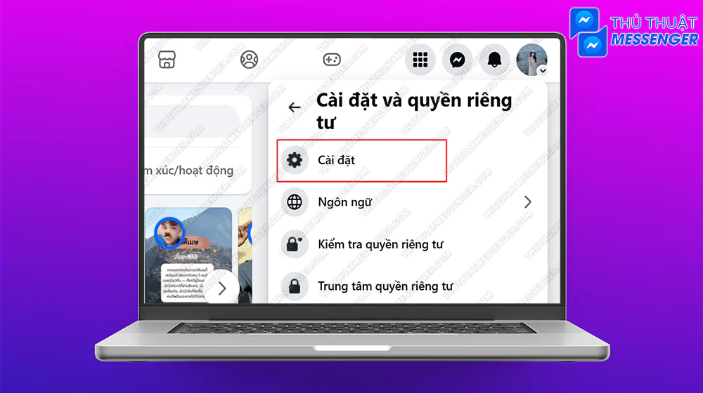 Bước 2: Tiếp tục chọn Cài đặt.