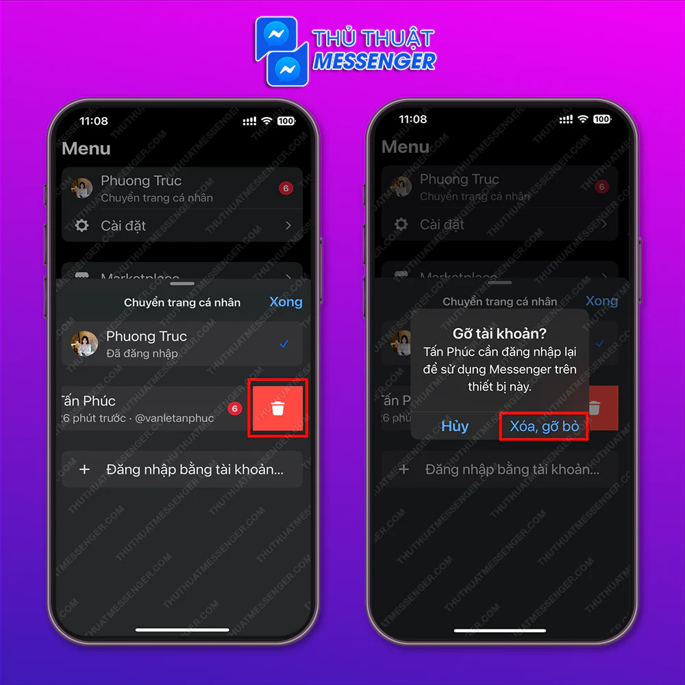 Bước 2: Kéo từ phải sang trái tài khoản muốn gỡ > Chọn biểu tượng thùng rác đỏ > Gỡ.