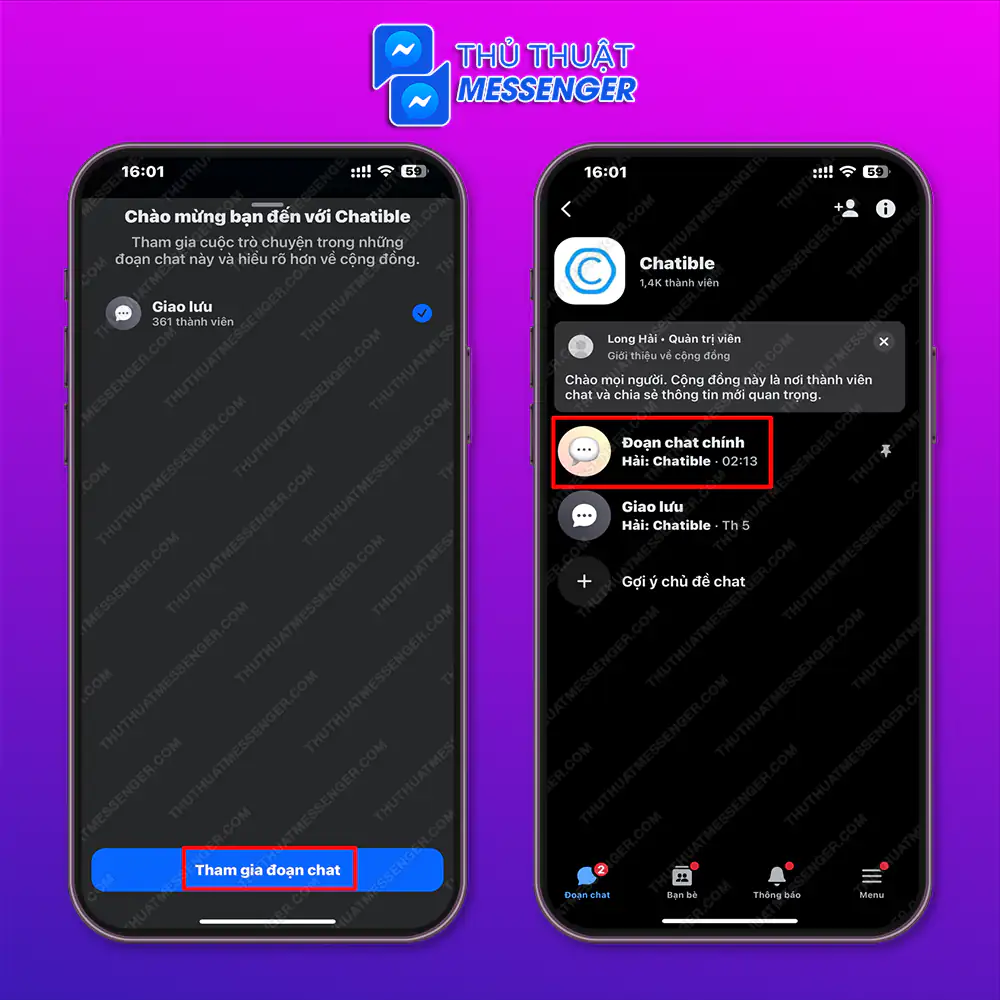 Bước 2: Tham gia đoạn chat > Vào đoạn chat chính.