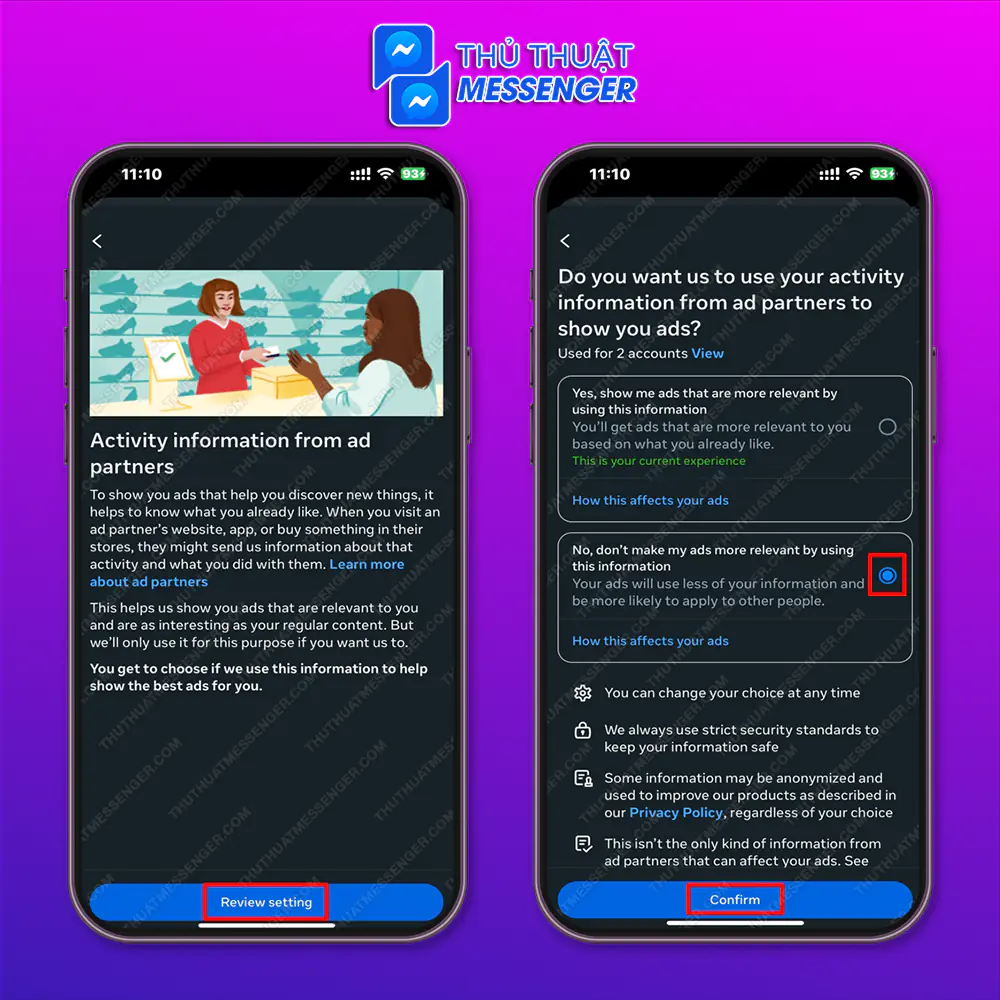 Bước 2: Chọn Xem lại cài đặt > Chọn Không, không dùng thông tin này… > Xác nhận.