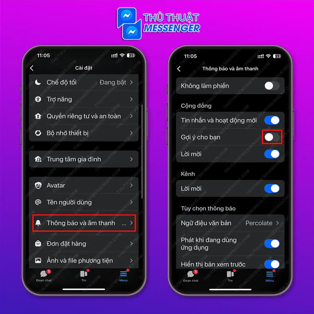 Bước 2: Chọn “Thông báo và âm thanh” > Gạt tắt tại mục “Gợi ý cho bạn”.