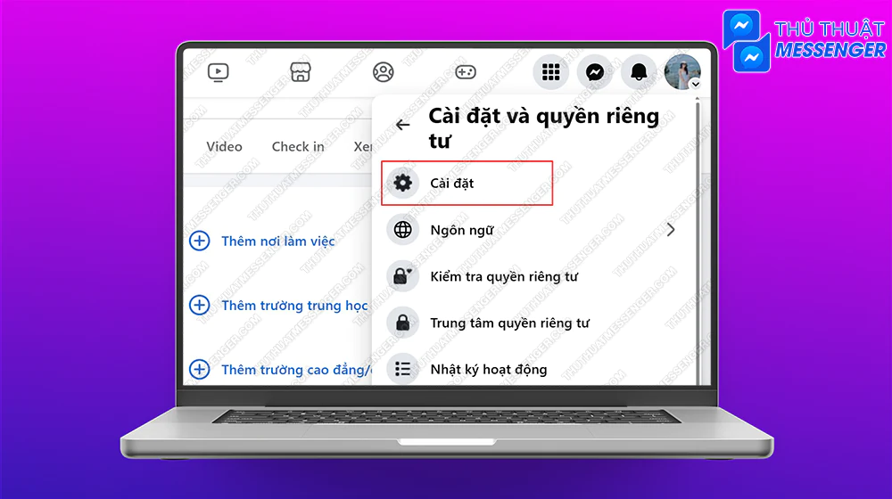 Bước 2: Click vào Cài đặt.
