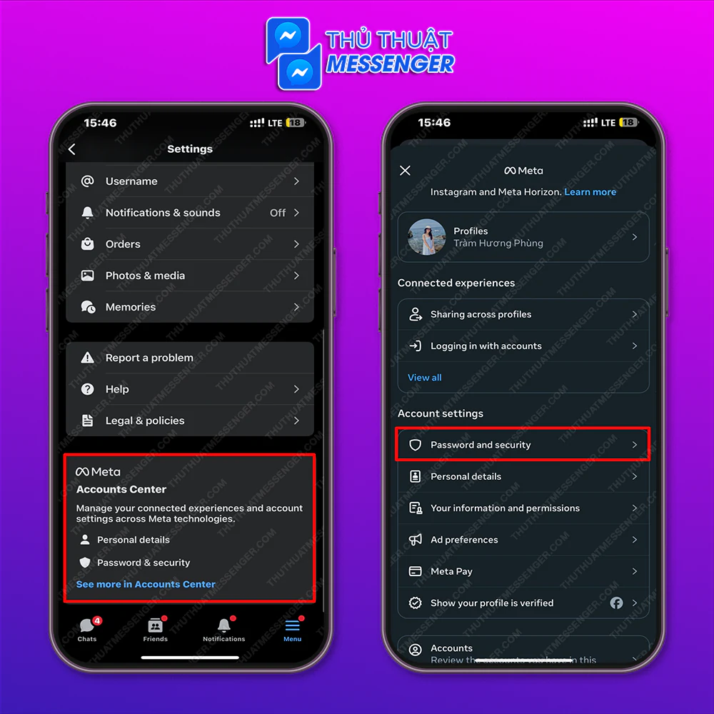 Bước 2: Vào ngay phần Trung Tâm Tài Khoản > Mật khẩu và bảo mật.