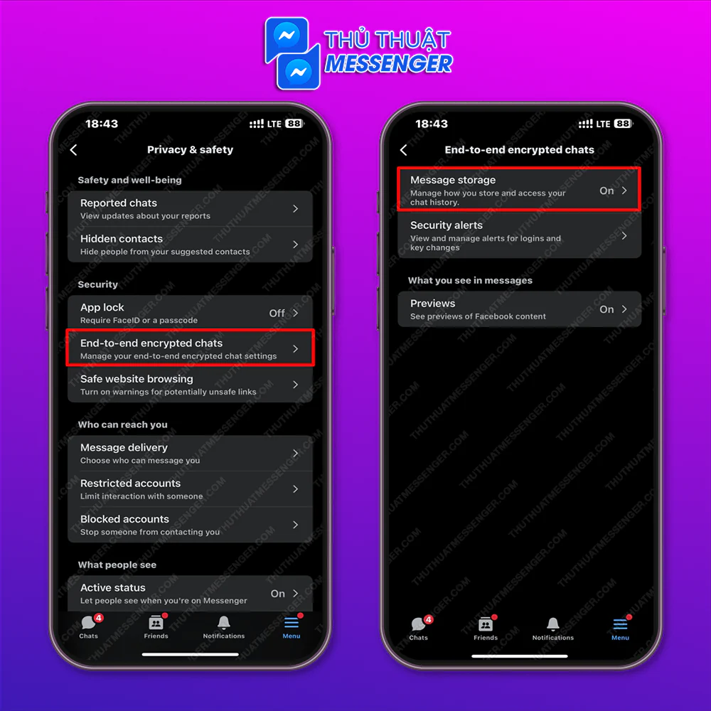 Bước 2: Chọn Đoạn chat mã hoá đầu cuối > Lưu trữ tin nhắn.